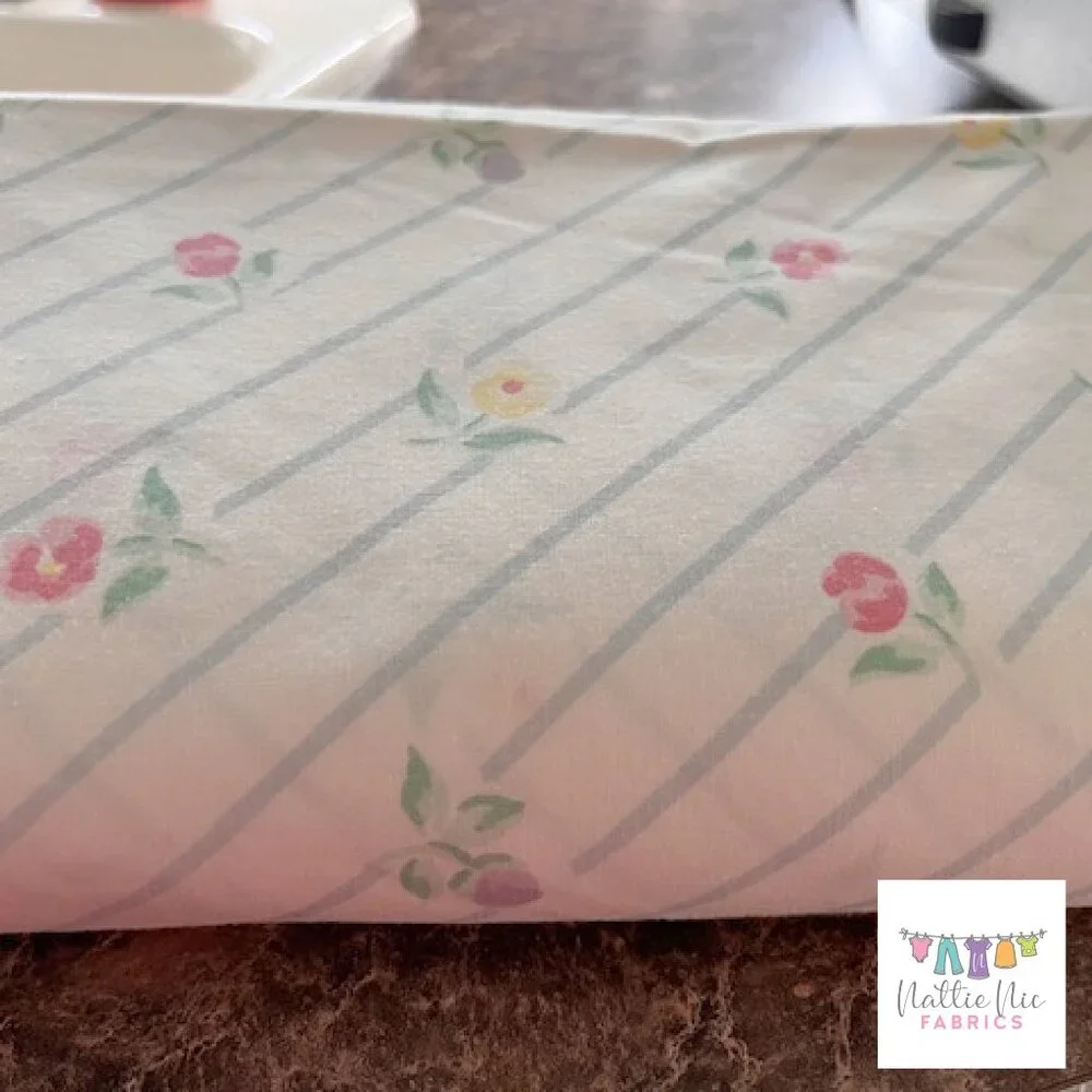 Vintage Queen Size Flat sheet in beautiful diagonal stripe rose floral, JC Penne